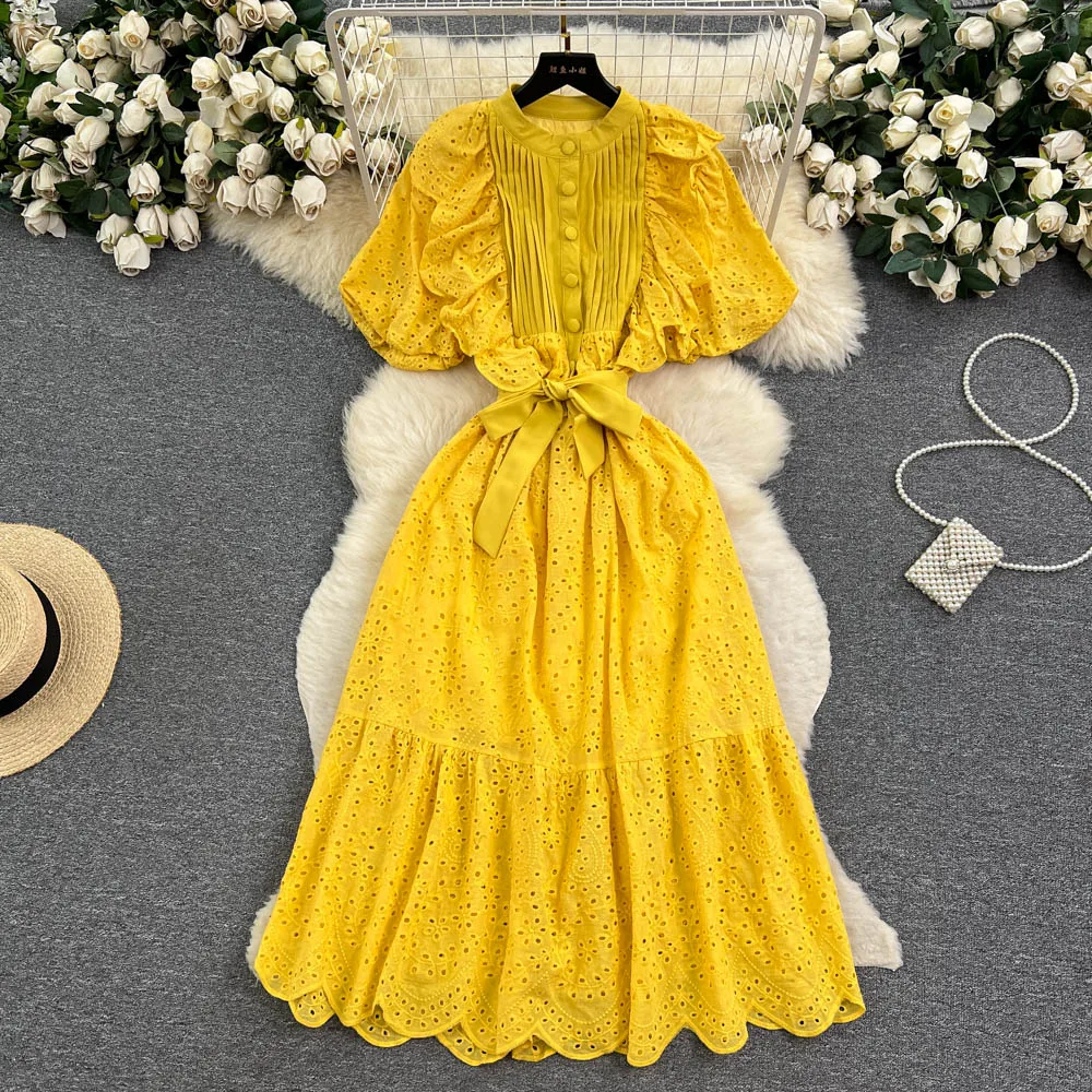 

Summer French Vintage Dress Ruffle Edge Hollow Out Embroidery Bubble Sleeves Waist Wrapped Small Luxury Long Skirt