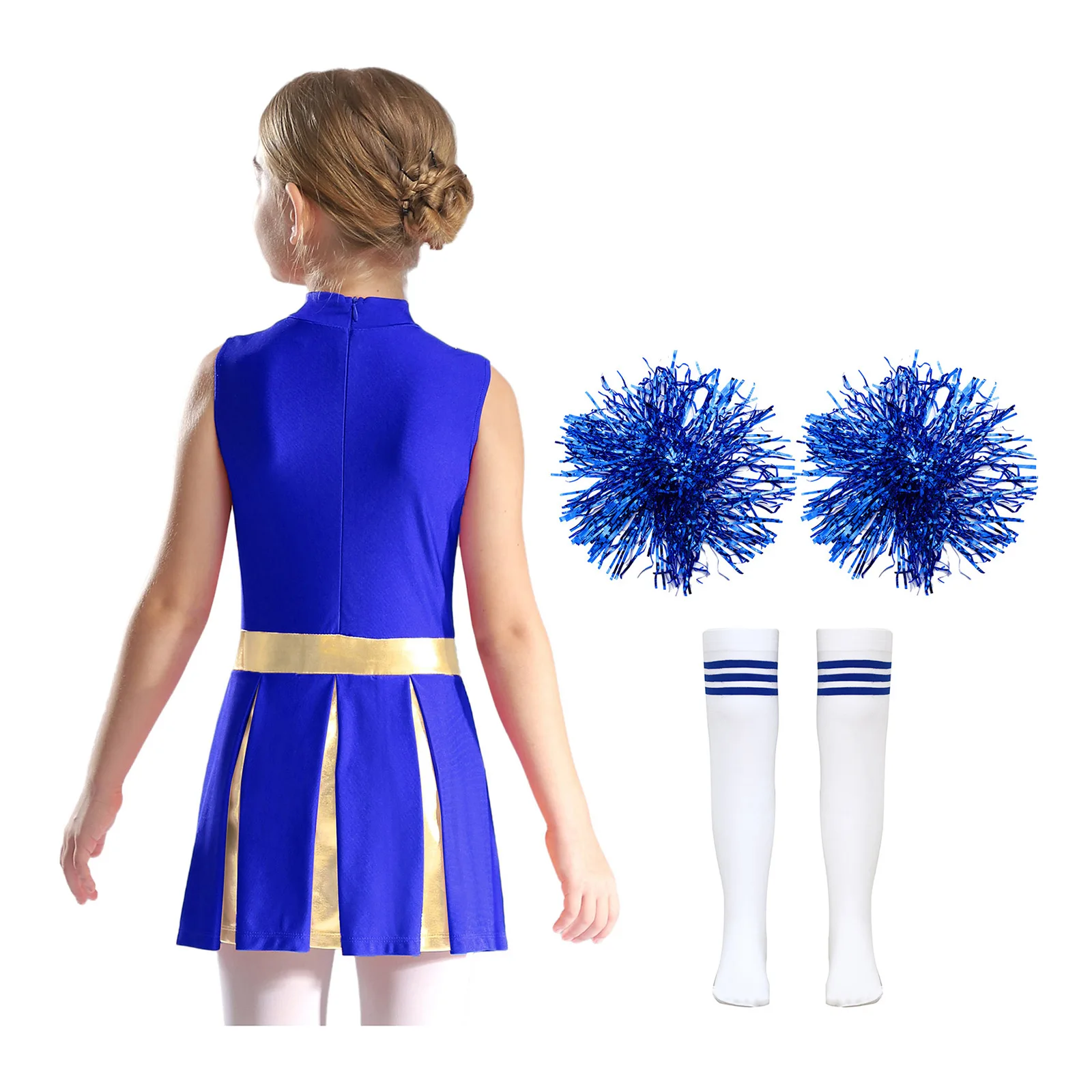 Kinder Mädchen Cheerleader Kostüm Cheerleading Uniform Brief Drucken Plissee Cheer Trikot Kleid mit 2 Stück Blumenkugeln 1 Paar Socken – Detail 6