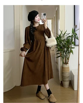 2025 Autumn Maternity Breastfeeding Dress Solid Color Long Sleeve O-neck Fashion Pregnant Woman Nursing Corduroy Dress Loose