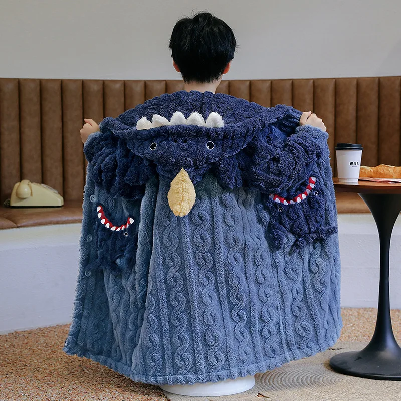 Child Bathrobe Kids Robe Long Sleeve Hooded Cartoon Shark Animal Boy Girls Winter Warm Thicken