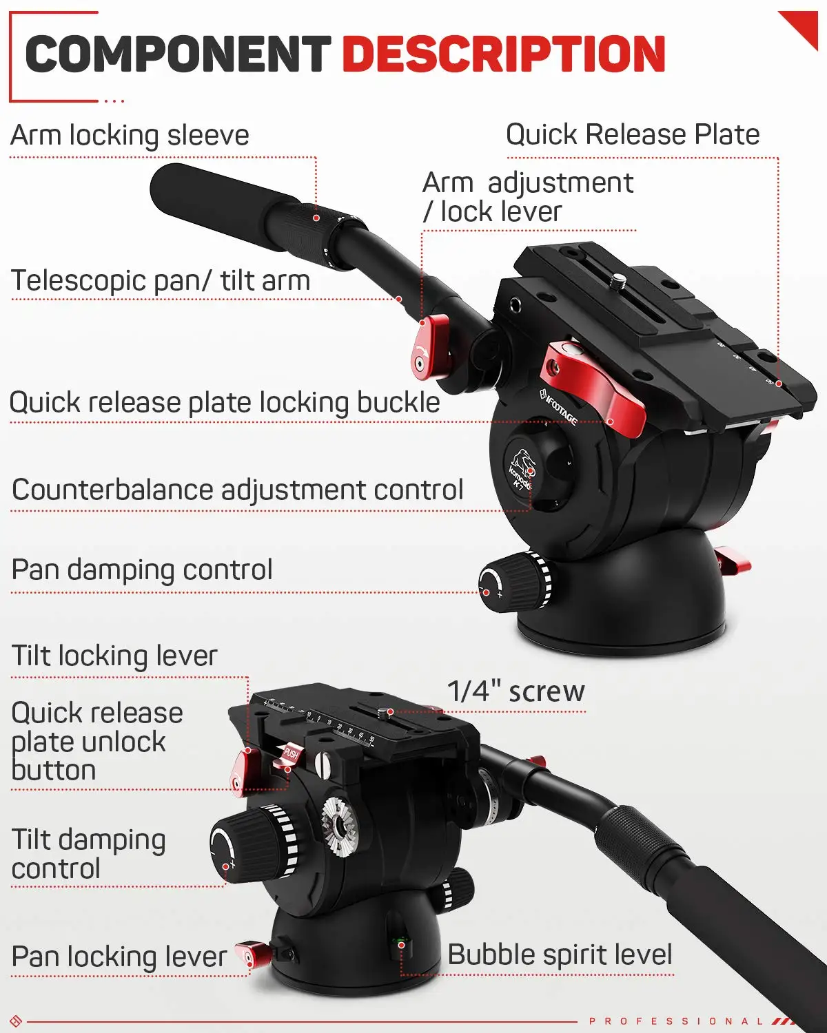 IFOOTAGE Komodo K7 Fluid Head, Video Tripod Head Fluid Drag Pan Head for DSLR Cameras, Camcorder, Monopod and Tripods, Payload 1
