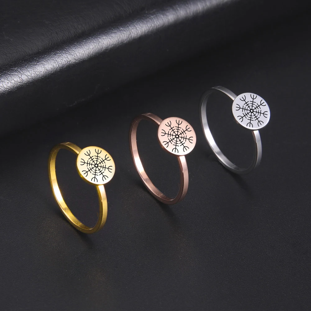Skyrim Nordic Vegvisir Runic Compass Ring Stainless Steel Aegishjalmur Helm of Awe Rings Amulet Jewelry for Women Men