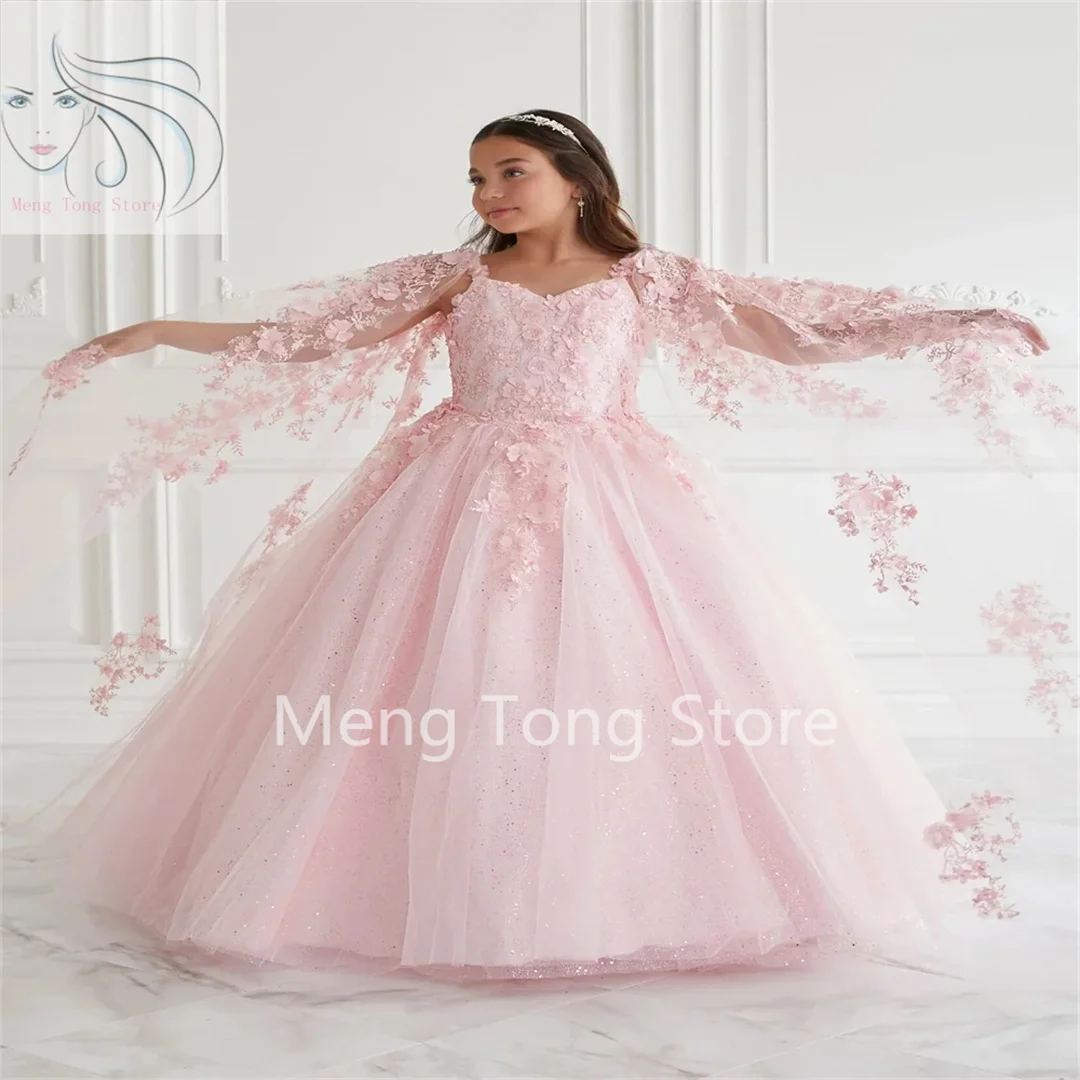 

\Pink 3D Appliqué Cape Sleeve Elegant Flower Girl Dress Thin Strap First Communion Birthday Prom Party Custom Formal Dress Event