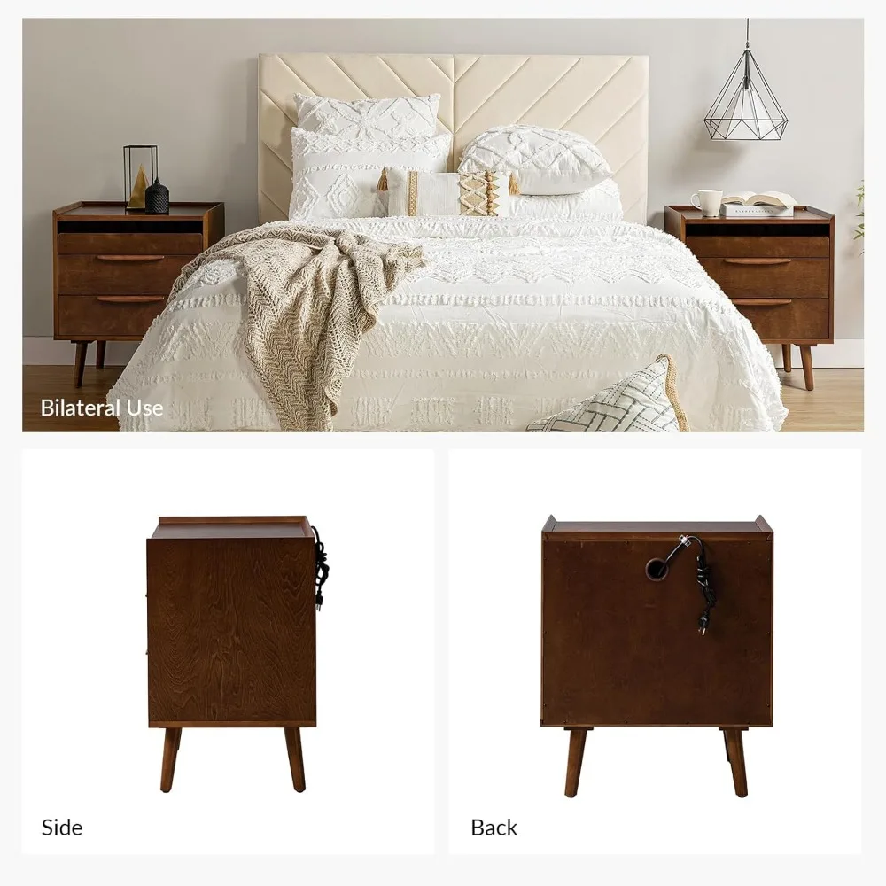 2 Drawer Nightstand with Charging Station, Mid-Century Modern Bedside Tables with Wood Legs, Wood Night Stand 3