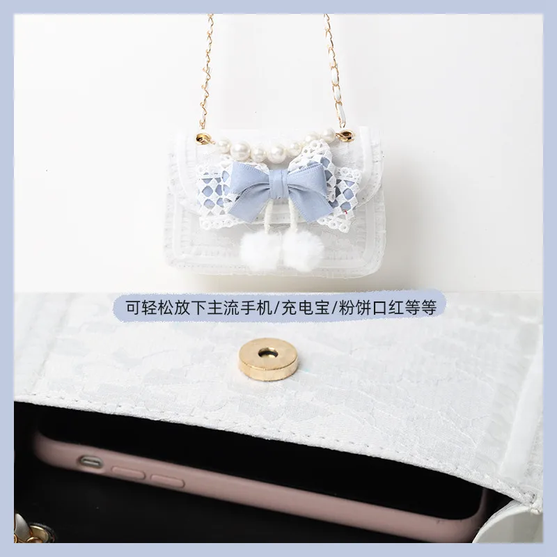 Lolita Bag Girl Cute Blue JK Portable Shoulder Bag Sweet Bowknot Fur Ball Messenger Bag for Women