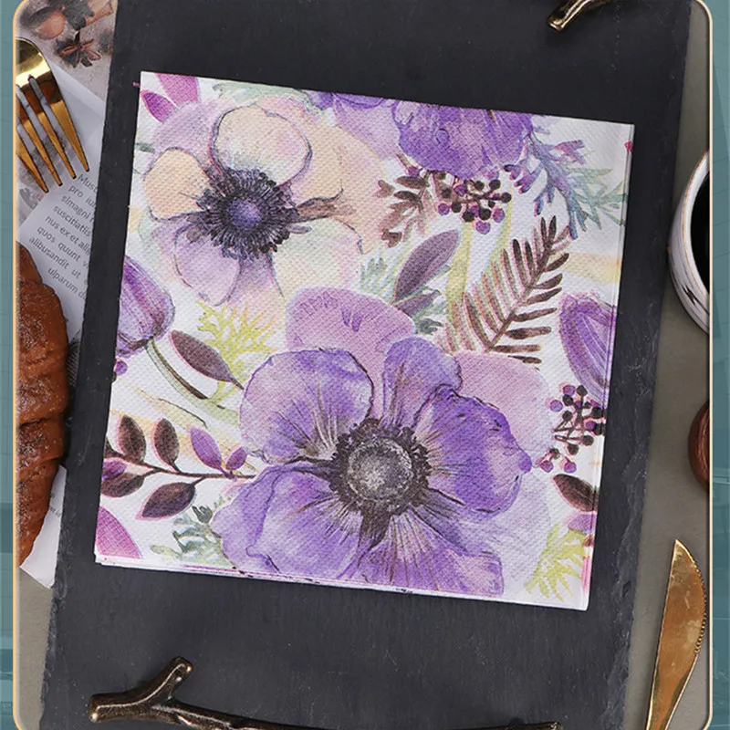 20pcs/bag Retro Purple Flower Printed Napkins Paper Disposable Tableware Wedding Bridal Party Decoration