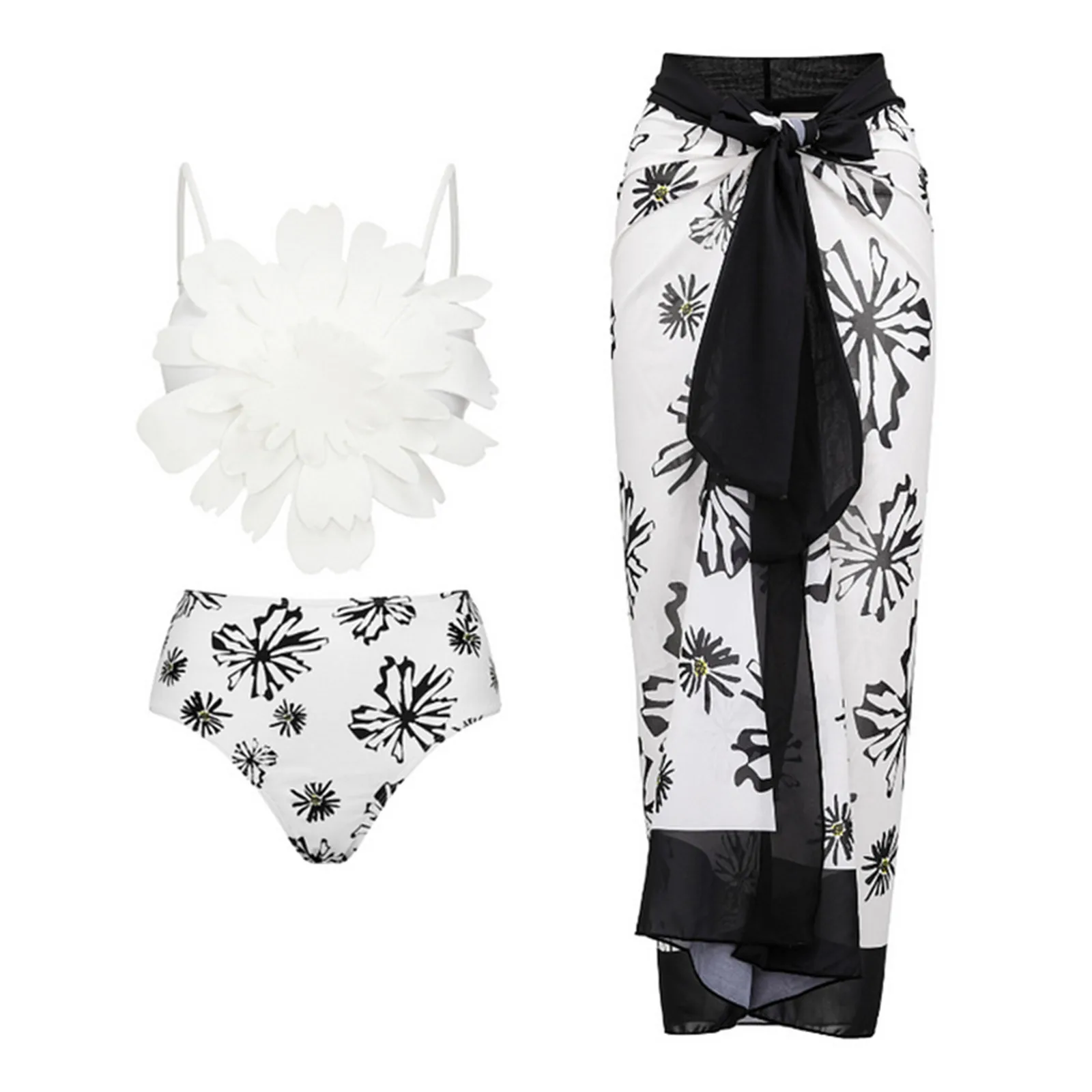 

Women's Fashion Vintage Swimwear Daisy Print Split Bikini Beach Skirt Set (3-piece Set with Chest Pad and No Steel Bracket)