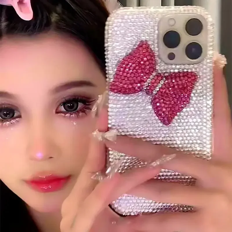 

Luxury Rhinestone Rose Red Bowknot FullCoverage Handmade For iphone 15 pro max cases iPhone 11 case 12 13 14pro Shockproof cover