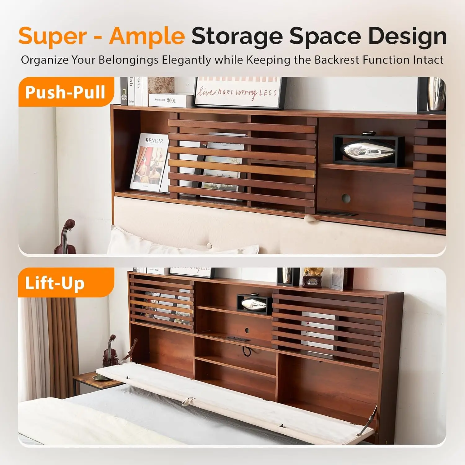 Queen Size Wooden Bed Frame with 52'' Extra LED Upholstered Bookcase Storage Headboard, Charging Station,No Box Spring Needed