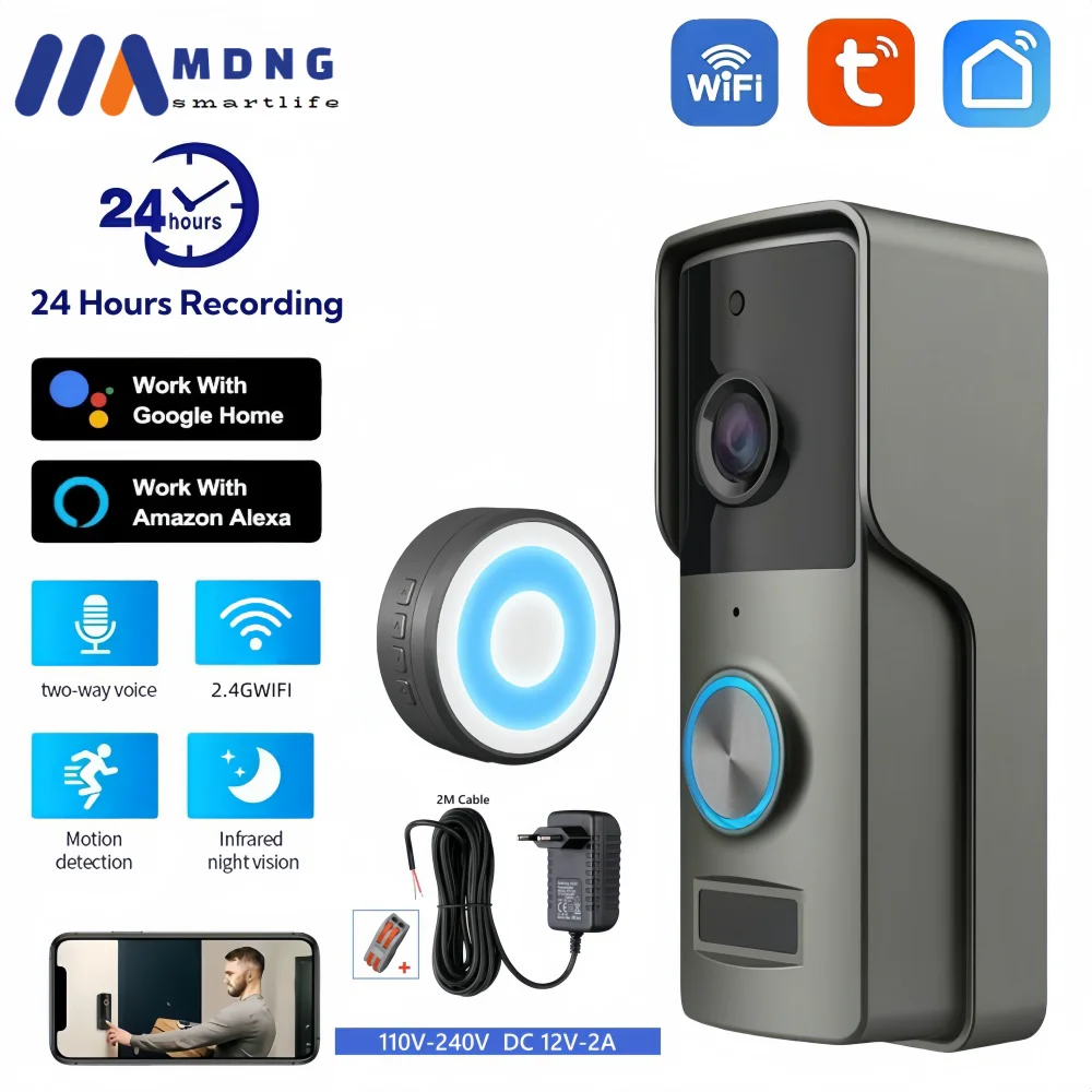 Sonnette Vidéo WiFi Tuya 2K – Vision Nocturne, Détection PIR – Neuve