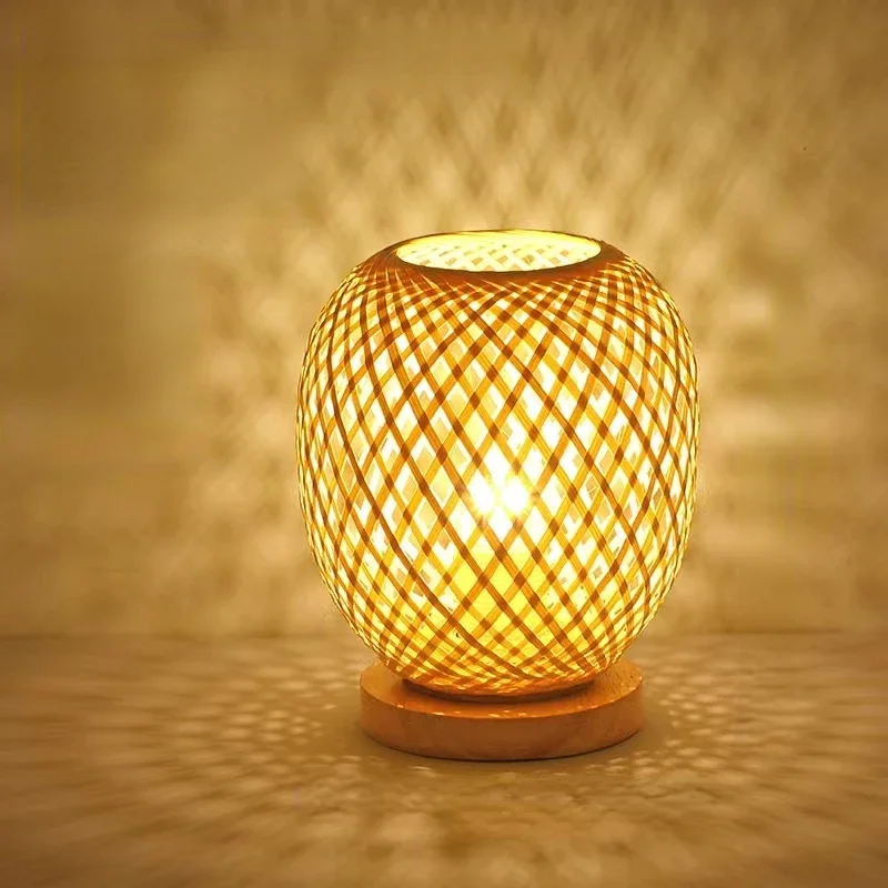 Bamboo Weaving Table Lamp with Handmade Natural Wooden Base Retro Desk Lamp Reading Light Home Decor Table desk lamp