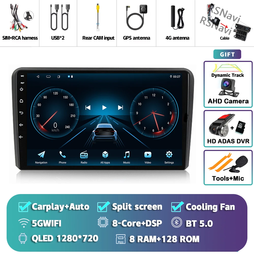Autoradio Android 15 Per Audi A3 2003-2013 | 9" Touch HD, Carplay Wireless, 4+128GB, GPS E Telecamera Posteriore