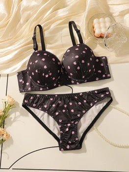 Ensemble de lingerie sexy pour femmes avec petits motifs floraux, jantes en acier rassemblées, bretelles push-up, ensemble de lingerie réglable A2169