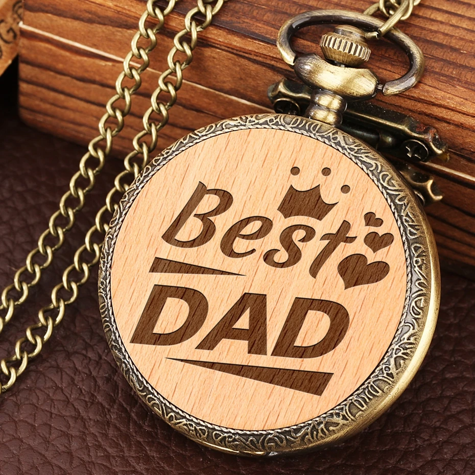 Best Dad Hero Father Laser Engraved Wood Quartz Pocket Watch Necklace