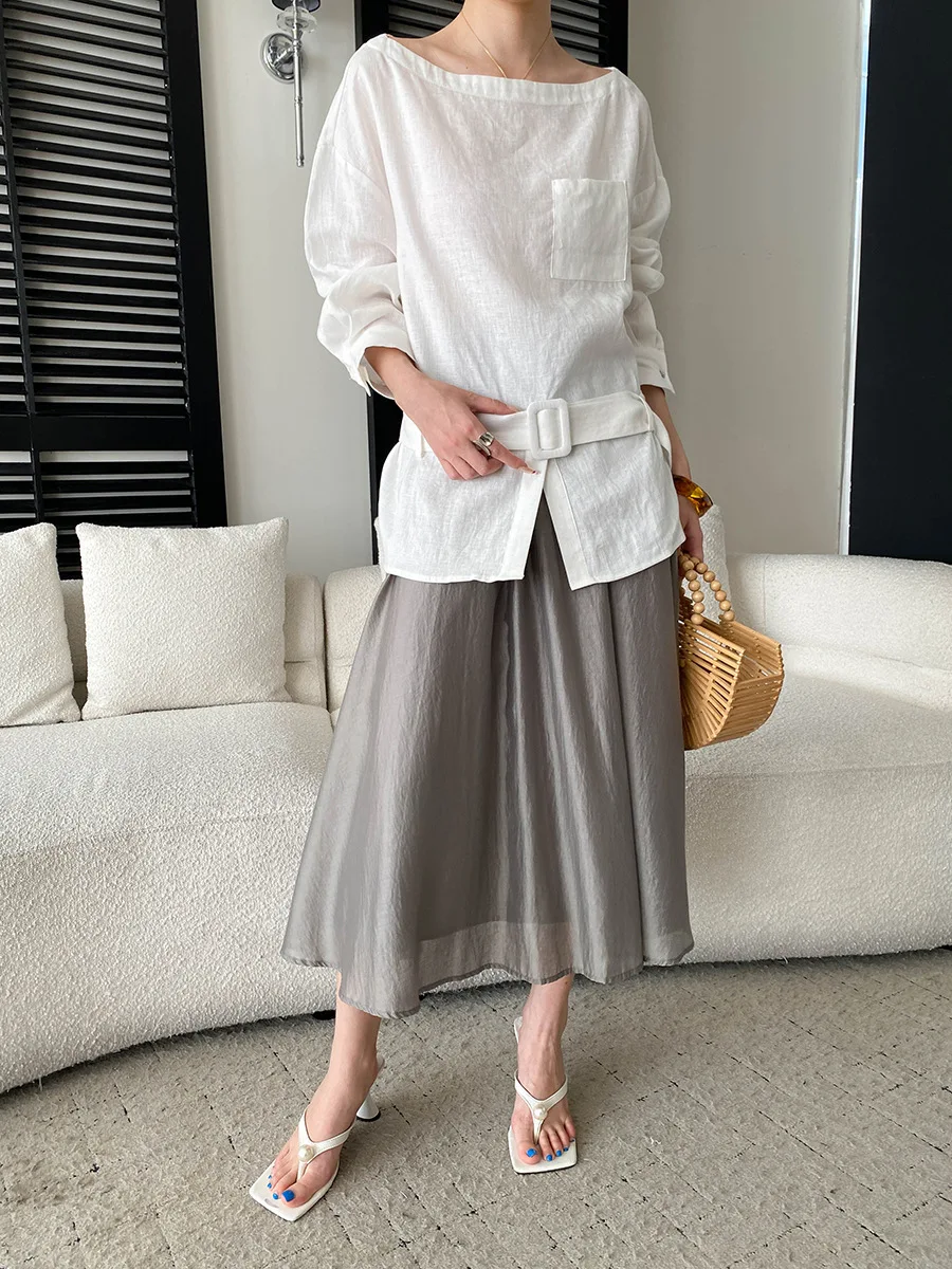 Frühlings- und Sommerbluse für Damen, einfarbig, mit Taillengürtel, langärmlig, im Commuter-Stil. – Detail 15