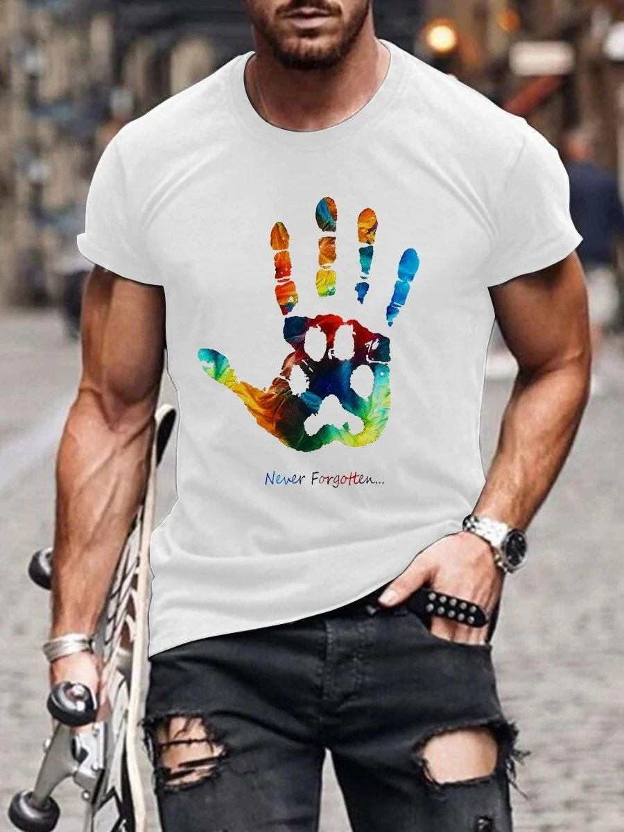 

2023 Summer Men's Printed Casual Crew Neck Short Sleeve T-Shirt Men's LGBT Rainbow Bear Paw Prints Art Casual 3D Printed T Shirt