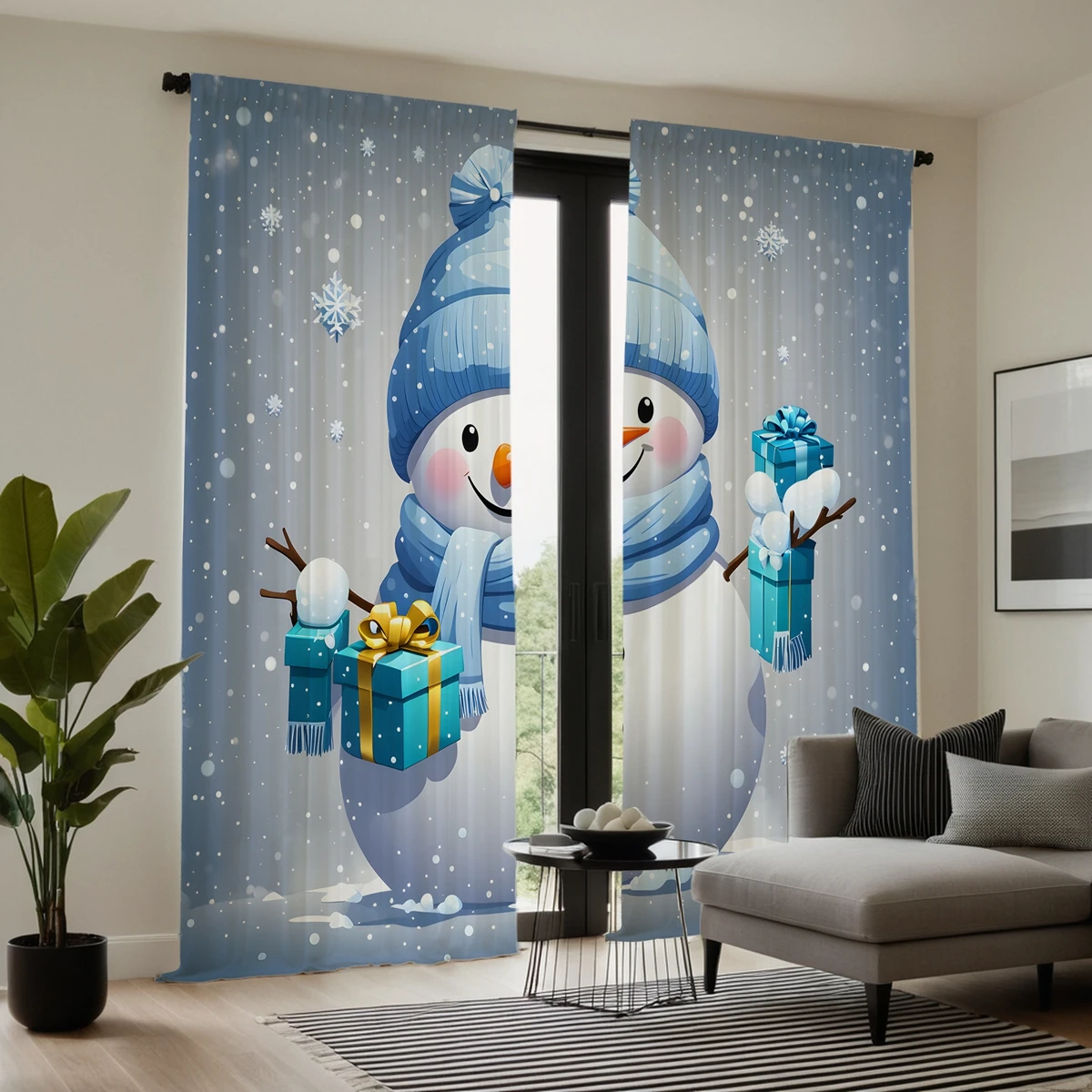2pcs set HD Christmas gift snowman decoration curtain Blue tie digital printed curtain Home Decoration style Decoration livin 4