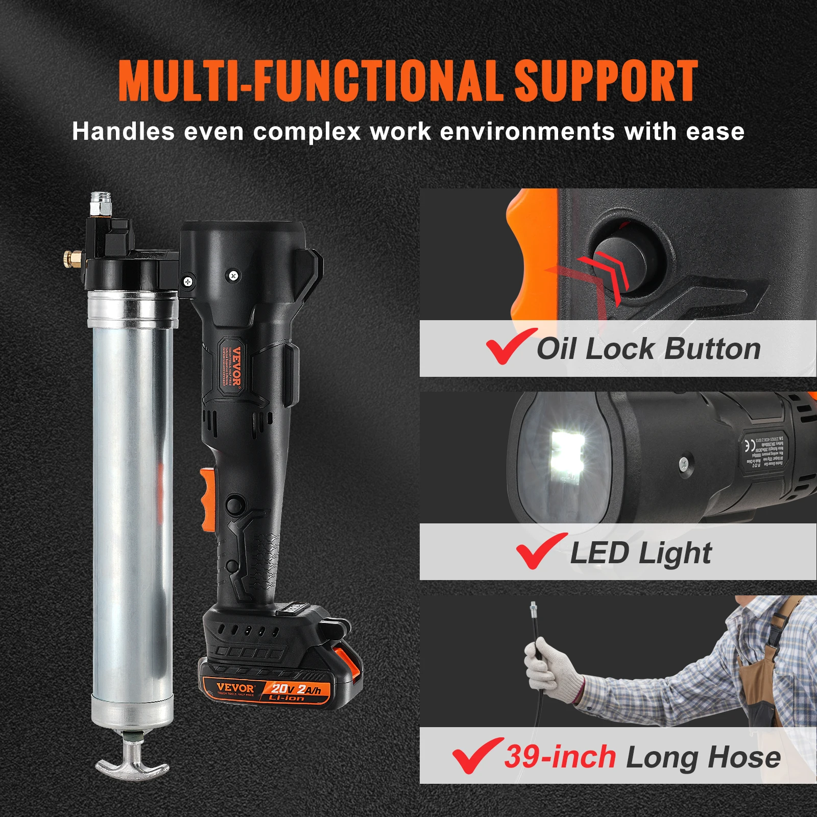 VEVOR 10000 PSI 20-Volt Electric Cordless Grease Gun Kit Battery Powered with 990mm Hose Carrying Case Battery Charger Included