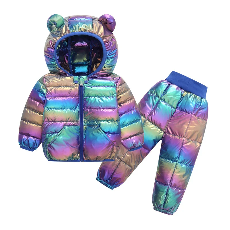 Kids Shiny Bear Ear Hooded Puffer Set Toddler 2 - Piece Metallic Coat & Pants Outfit 1-5Y