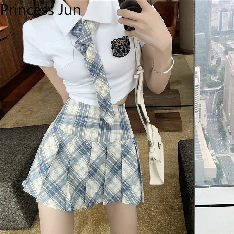 Harajuku Fashion Student Girl 2 Piece Japanese JK Outfits Slim Tied White Shirt Top&High Waist Plaid Mini Skirt 2pc Dress Suits