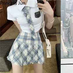 Harajuku Fashion Student Girl 2 Piece Japanese JK Outfits Slim Tied White Shirt Top&High Waist Plaid Mini Skirt 2pc Dress Suits