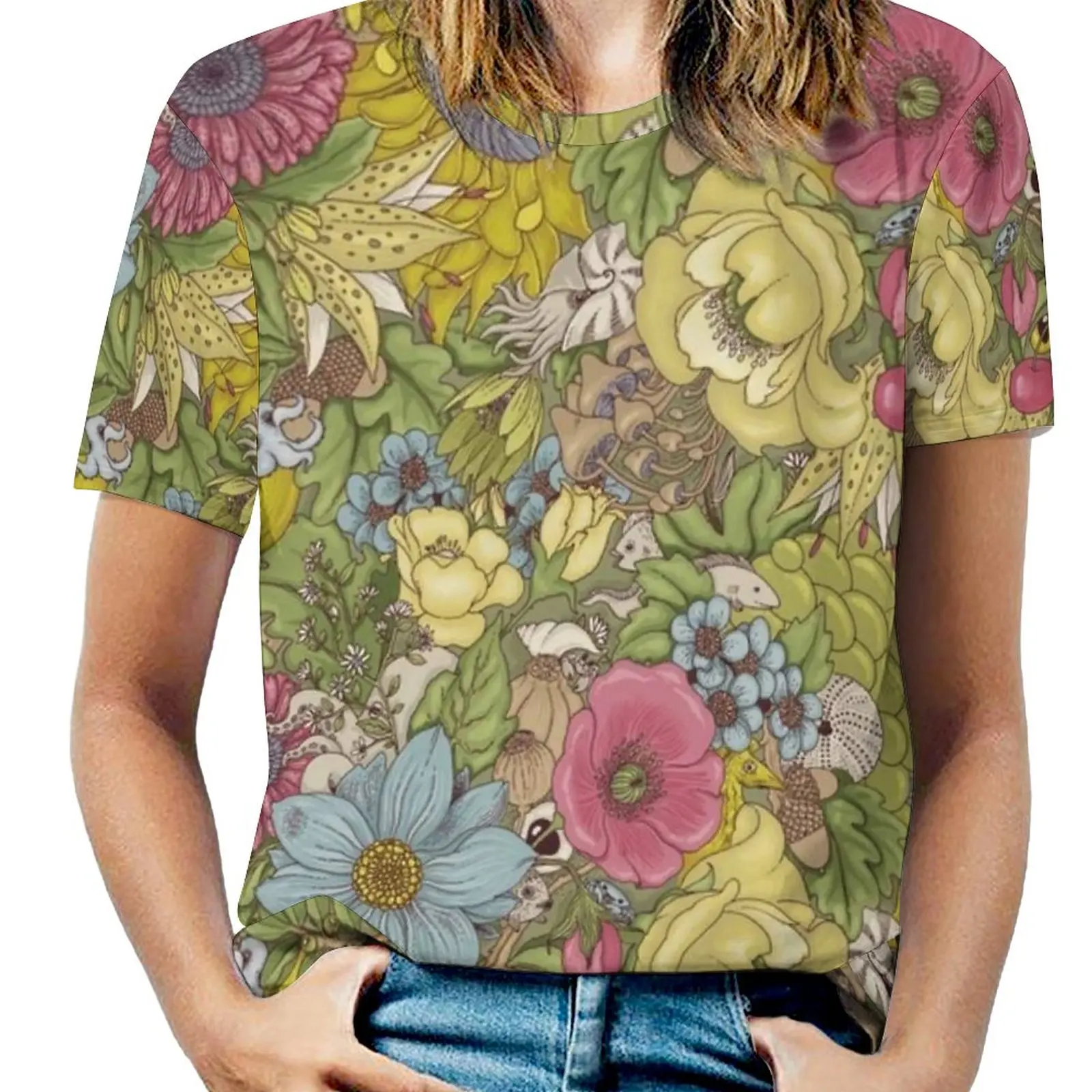 The Wild Side-Spring T-Shirt Da Donna Girocollo Casual Manica Corta Top Summer Tees Floral Flower Sea Fish Octopus Crab Poppy