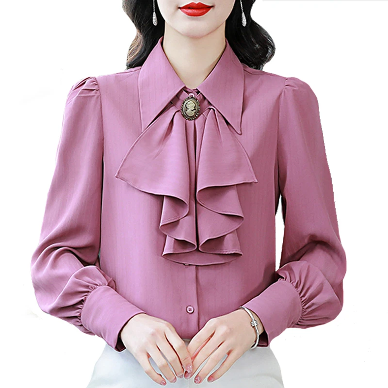 

2024 New Elegant Fashion Satin Shirt Spring Bowknot Ruffle Tops Long Sleeve Single-breasted Occupation OL Blouse