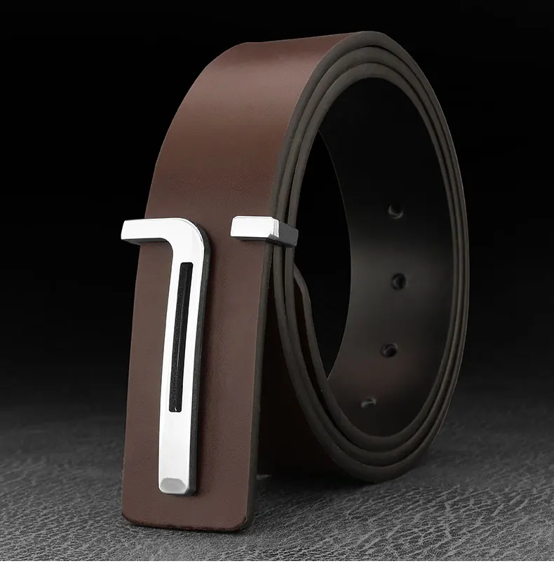 High Quality Casual T Letter Belt Men Leather Smooth Buckle Fashion Personality Belt Young Men Casual Cowhide Ceinture Homme
