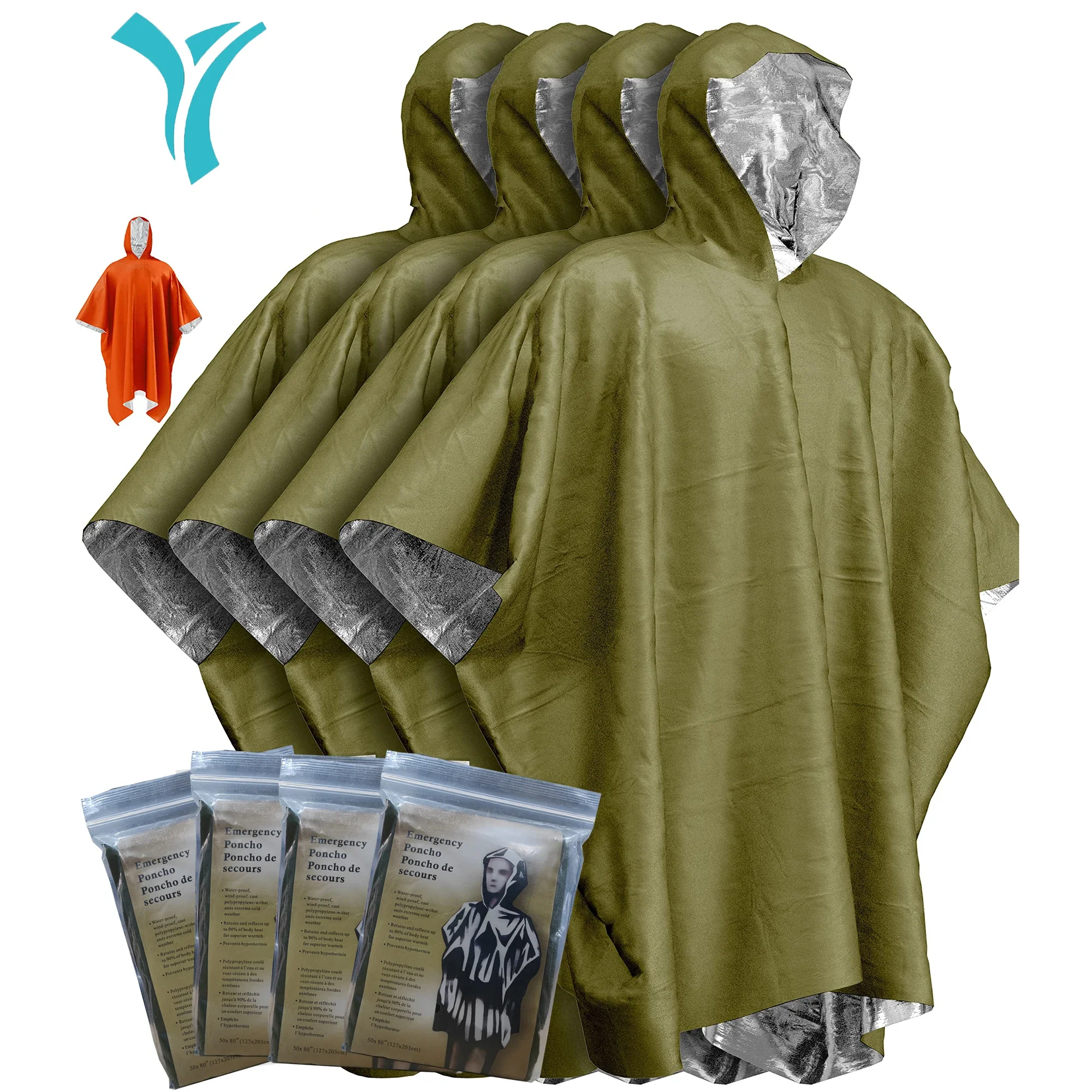 Disposable Poncho Emergency Blanket Camping Raincoat Survival Tool Emergency Poncho 4 Pcs Film Thermal Raincoat Blanket Insulated Reflective Enhanced Visibility Outdoor/Car Camping Survival Gear