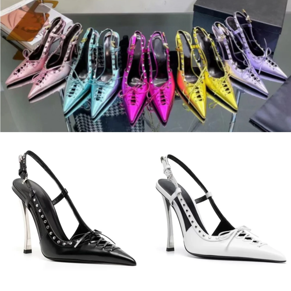 

Rivets Women Pointed Toe Pumps Bowtie Slingbacks Sandals Ladies Stiletto High-Heeled Wedding Banquet Shoes Plus Size