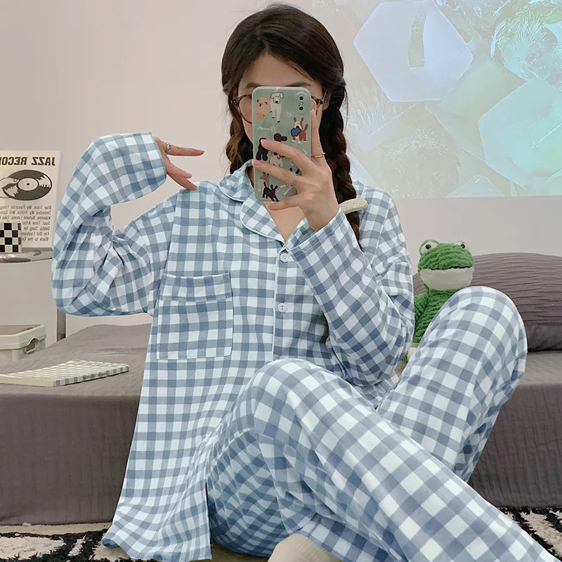 

Can be worn outside Lapel Pajama Women's Long Sleeves Spring and Autumn Cotton Korean Plaid Cardigan Home wear pyjama pour femme