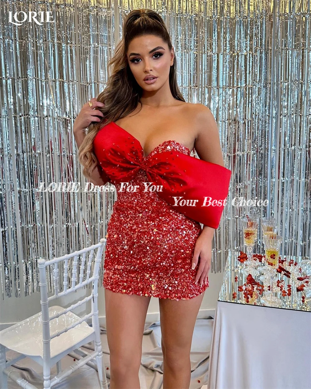 Sexy Glitter Cocktail Party Gowns Mini Sequins Off Shoulder Bow Sparkly Evening Dress Bodycon Shiny Backless Prom Dresses