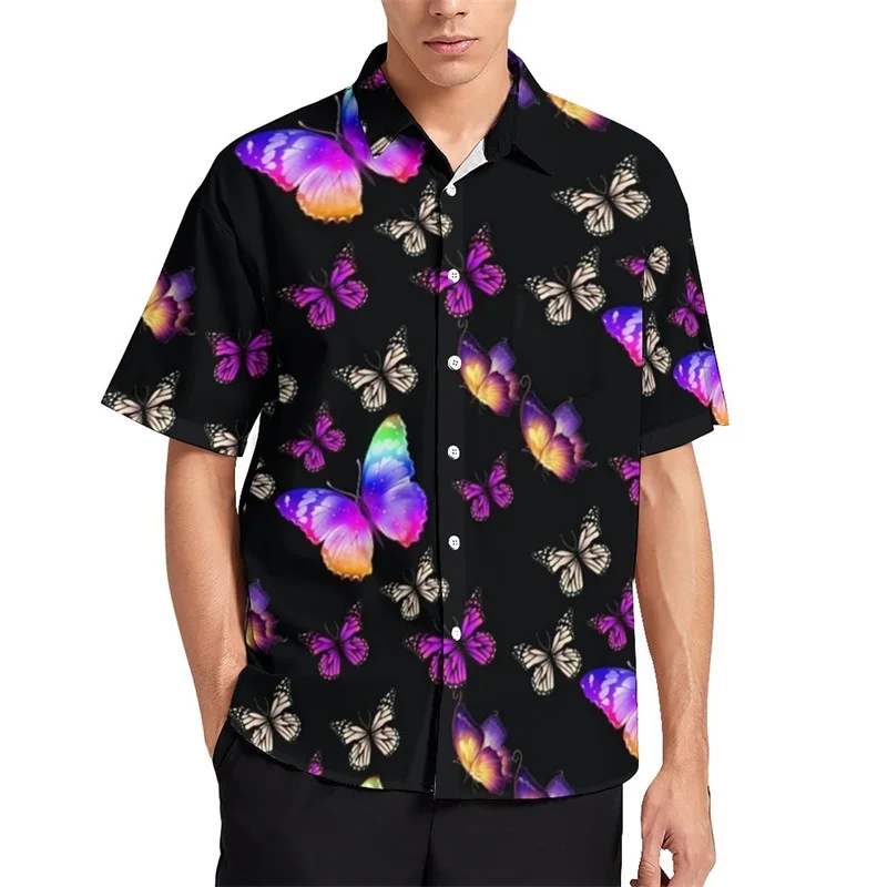 thumbnail image 1 of Camisas de verano para hombre, blusas con estampado de mariposas en 3D, camisas informales de manga corta de gran tamaño para playa, camisas holgadas con botones para hombre, 1 of 4