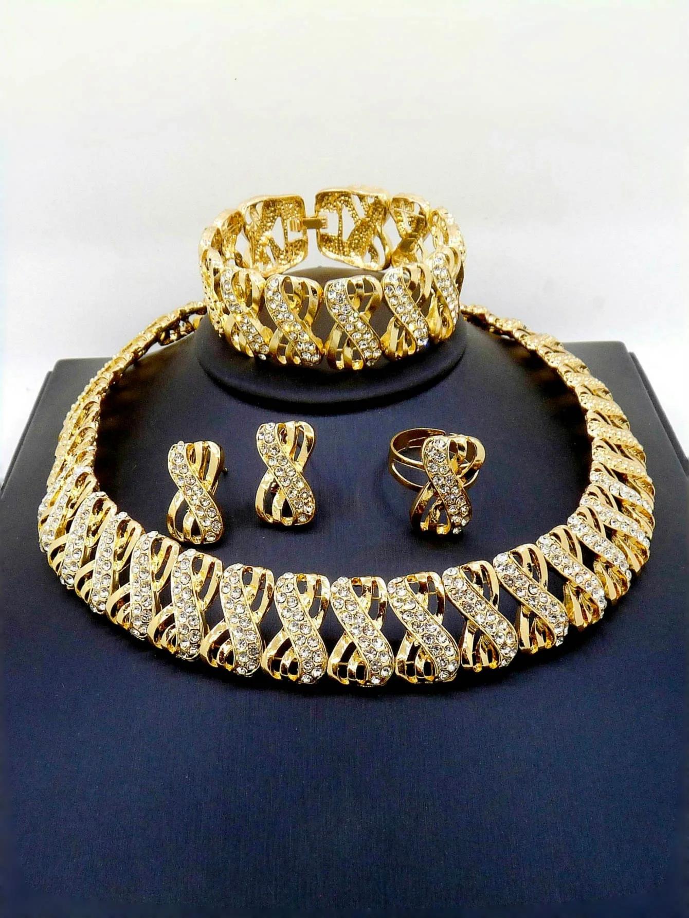 5 Piece Traditional Bridal Jewelry Set 18k Gold Plated Stylish Bow Infinity Design with Rhinestones to match your everyday outfi - Image 3