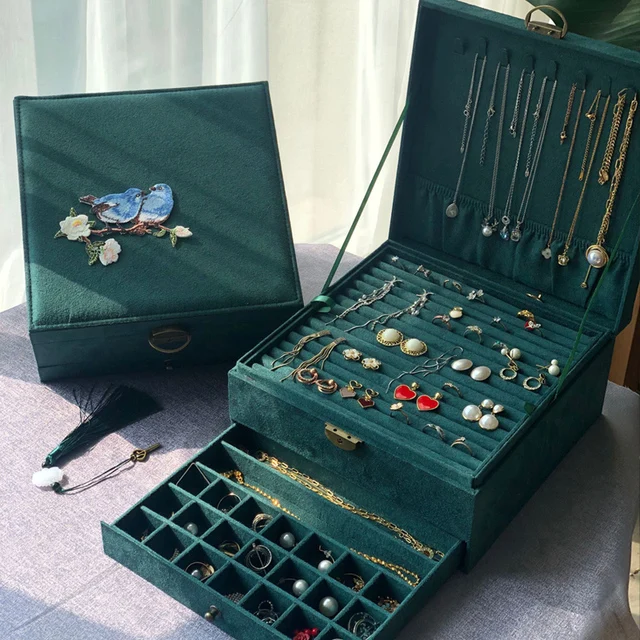 

Flower Embroidery Green Storage Box with Lock Double Layer Makeup Box Jewelry Organizer Necklace Hanging Rack Vintage Home Decor