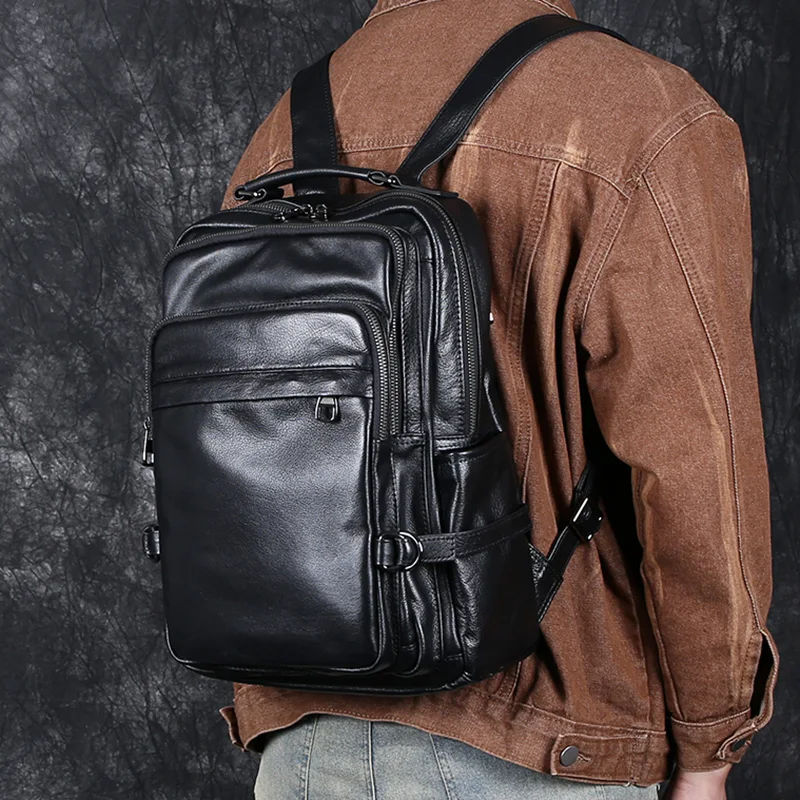 Leather Double Shoulder Baotou Layer Cowhide Backpack Men's Business Computer Bag New Leisure All-Match Travel Schoolbag