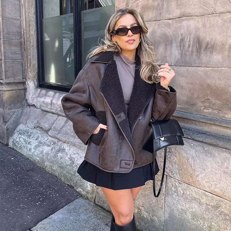 Vintage Women's Leather Jacket Loose Thick Warm Lapel Single Breasted Long Sleeve Fleece Jacket Fall Winter Street Outwear