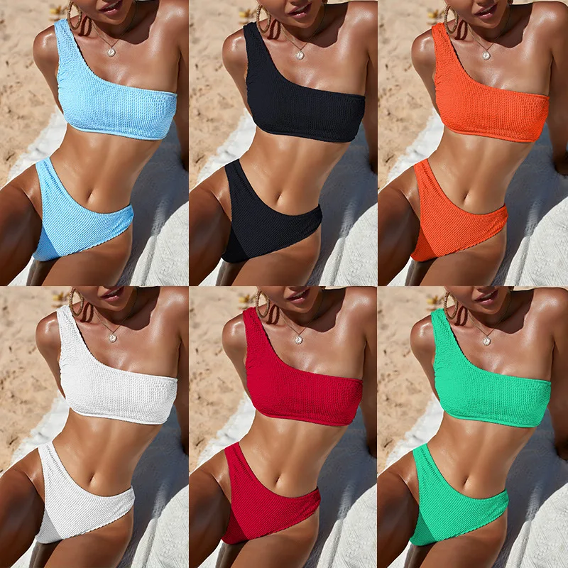 One Shoulder Bikini Textured Swimwear High Cut Swimsuit Solid Bathing Suit Women Brazilian 2024 Fashion