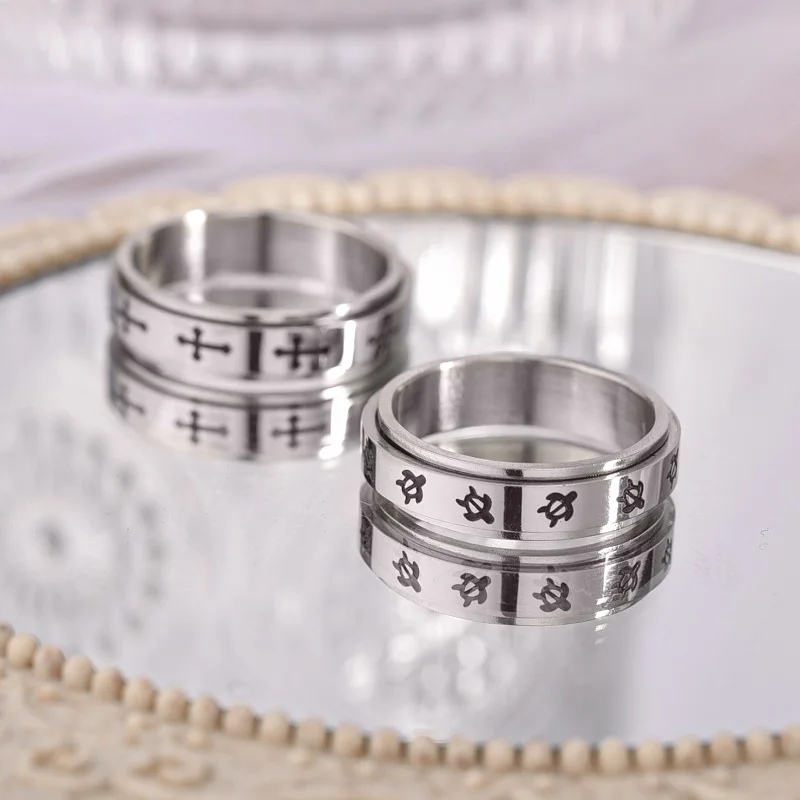 Spinner Titanium Steel Ring Rotating Band Anxiety Relief Jewelry 360&deg; Swivel Cross Turtle Engraved Geometric Unisex Fidge