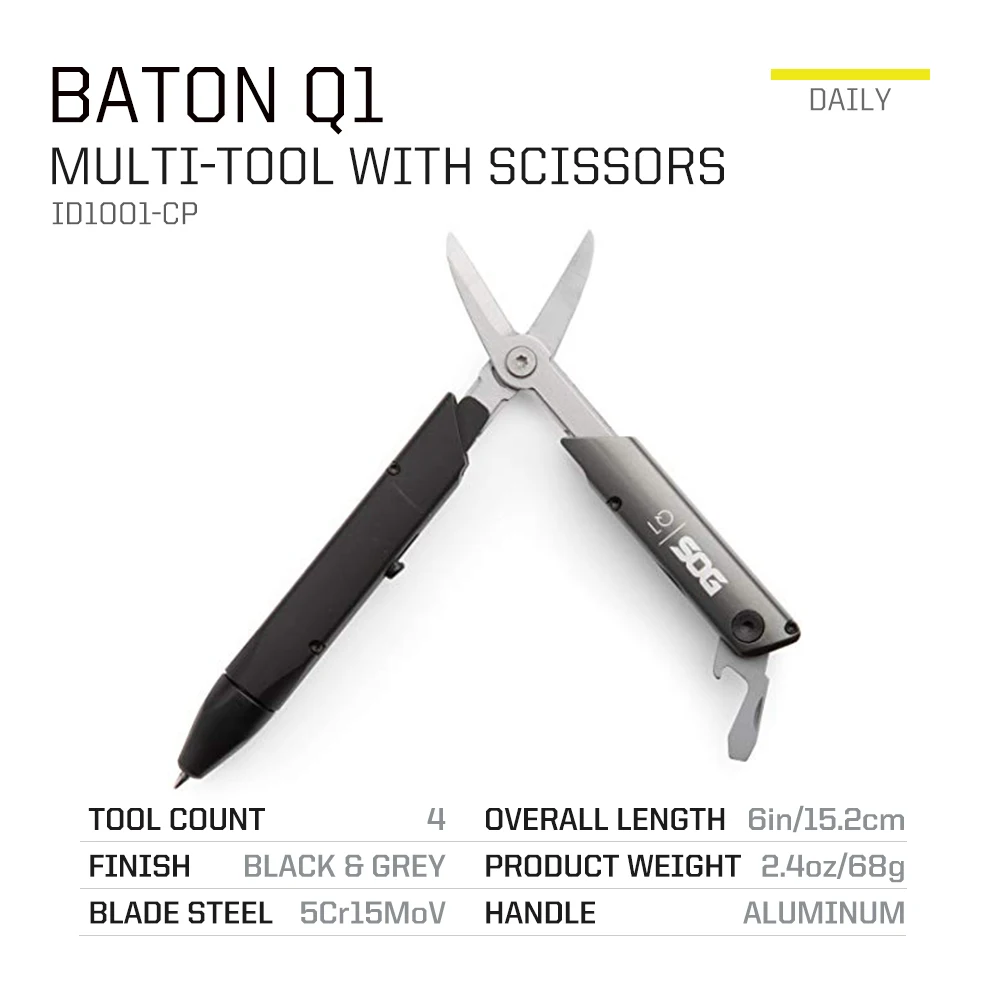 SOG Baton Q1, 멀티툴 전술 펜, TSA 여행용 액세서리, 접이식 가위가 포함된 다기능 펜, 포켓 EDC 장비, 4가지 도구