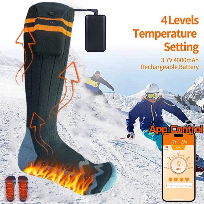 Size 38-46 Heated Sock Thermal Winter Warm Snowmobile Skiing Heating Sock App Control Rechargeable 65℃ Outdoor Sport Foot Warmer