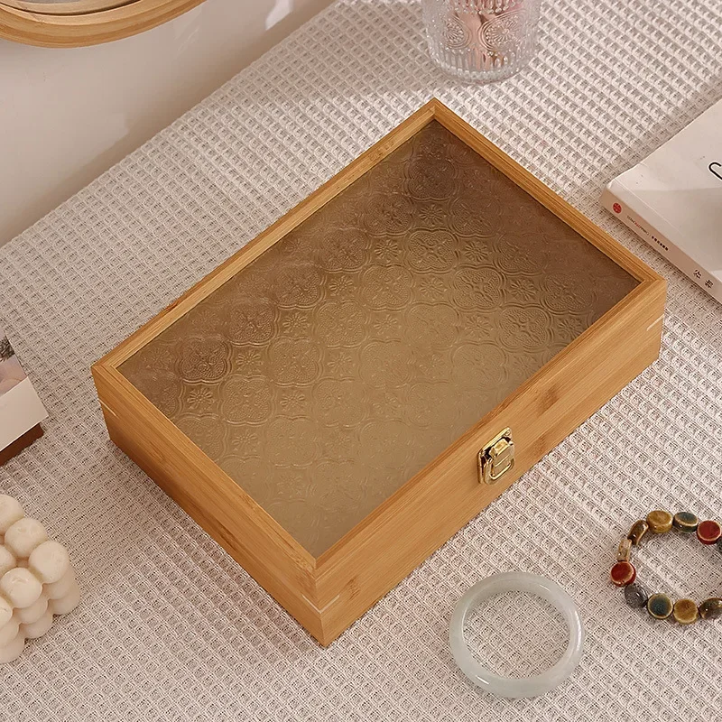 Begonia Flower Glass Desktop Storage Solid Wood Box Household Rectangular Covered Jewelry Certificate Necklace Storage Box 4