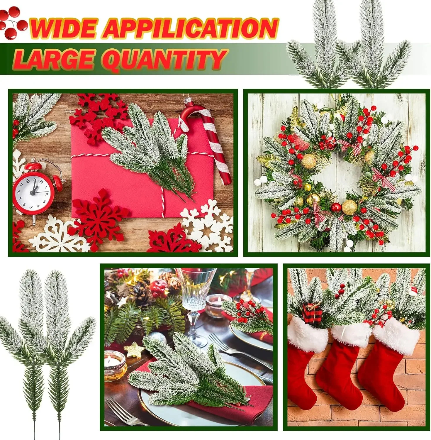 Branches de pin artificielles en gros, vertes et givrées, pour décorations de Noël (couronne, guirlande, etc.)._voghion.com