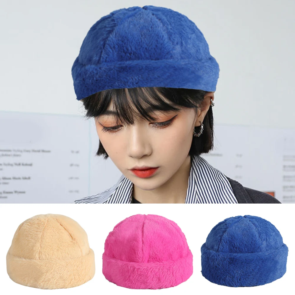 

Зимняя мягкая шапка в виде дыни из кроличьего меха, женская шапка, плюшевый теплый корейский дизайн, модная трендовая цветная уличная одежда, головной убор, берет