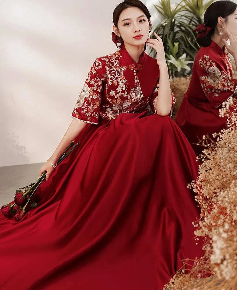 Eastern Asian Qipao Pregnant Woman's Toast Dress Bride Summer Wedding Engagement Dresses Hide Cover Big Belly Cheongsam Apparel