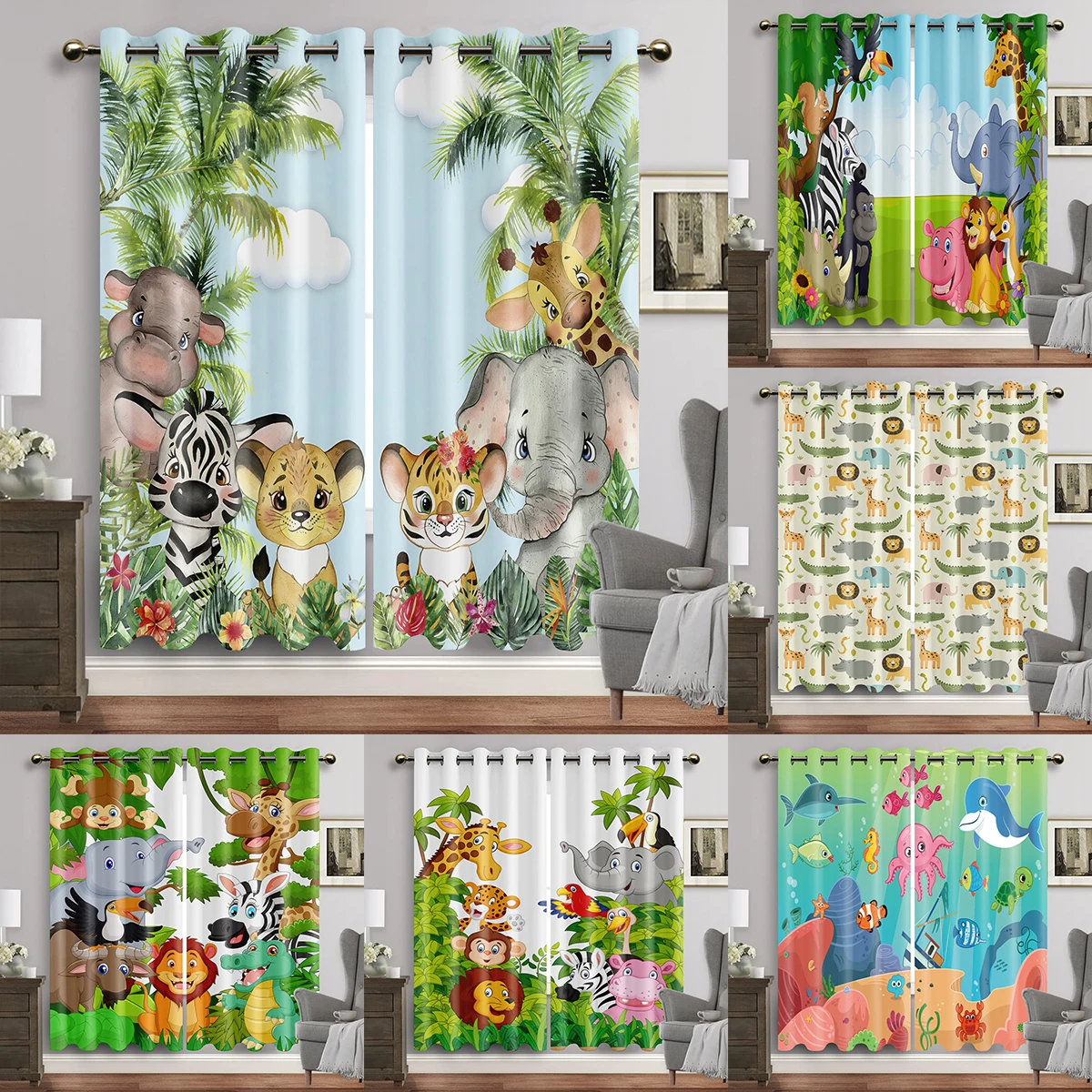 

Safari Animals Window Curtain Cartoon Jungle Forest Print Curtains Home Decor Drape for Baby Kuds Children Bedroom Living Room