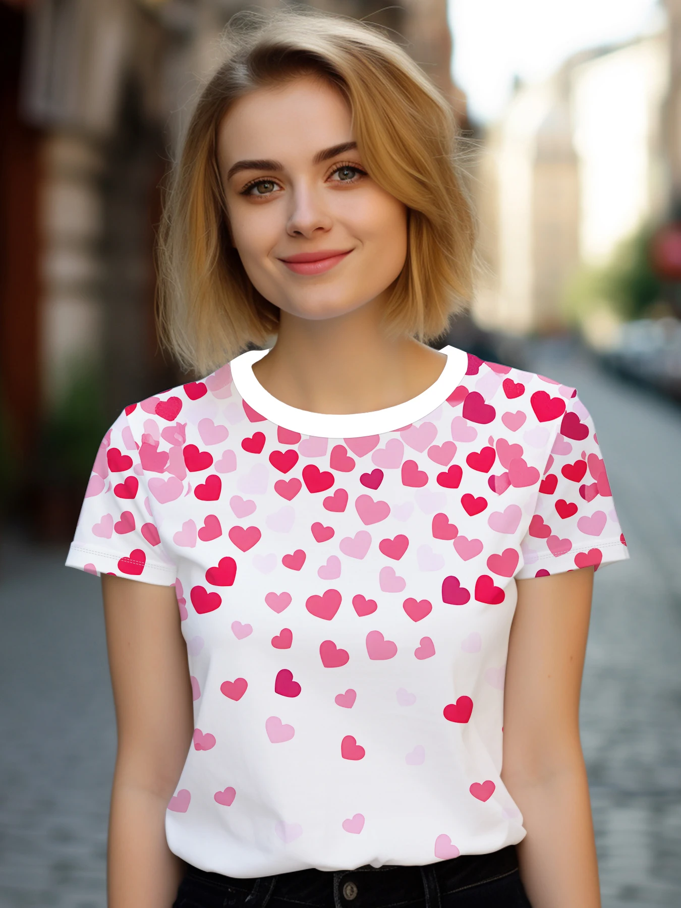 

Принт в форме сердца футболка, повседневный топ с коротким рукавом и круглым вырезом для весны и лета, женская одежда