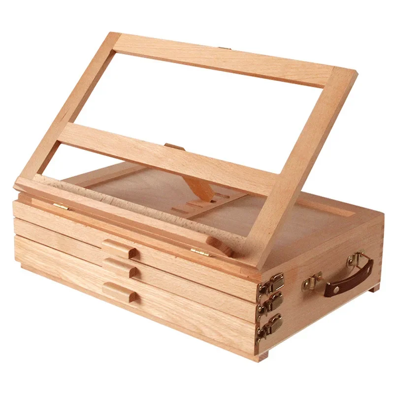 Desktop Beech Easels Drawer Style Oil Painting Stand Wooden Portable Handheld Box Sketching Cases Three Layer Drawer Hollow Out