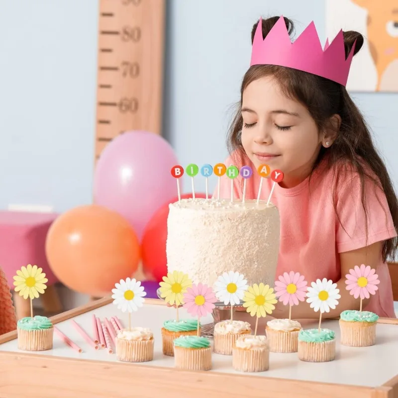 3D Daisy Flower Cake Topper 24pcs Multi-Layered White Pink Yellow Floral Decor for Wedding, Birthday Baby Shower Dessert Styling