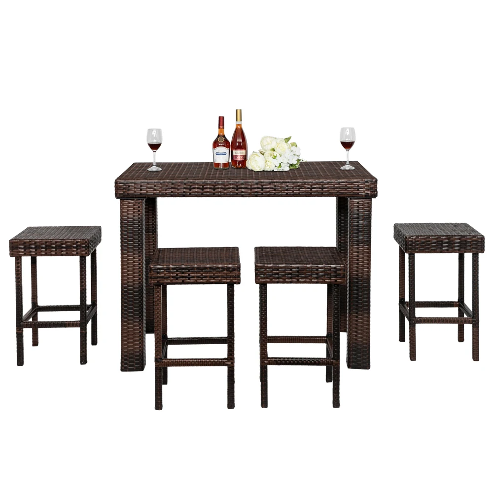 

5Pcs/set Garden Furniture Balcony Rattan Bar Table Chair Sets Wicker Outdoor Coffee Tables Brown